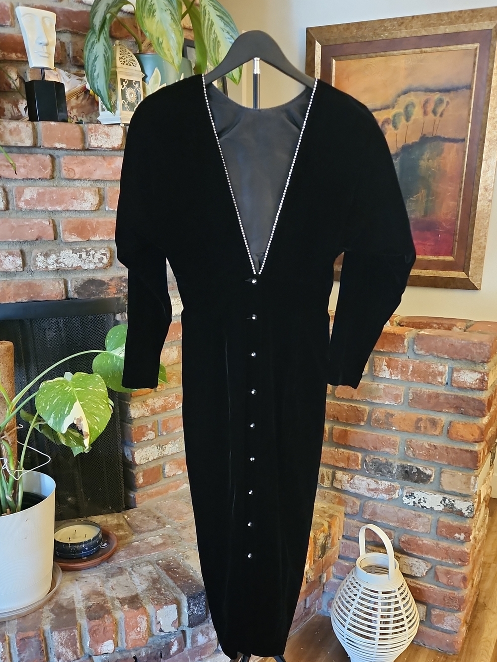 Vintage 90s Datiani Black Velvet Rhinestone Trim Midi Dress Size 10